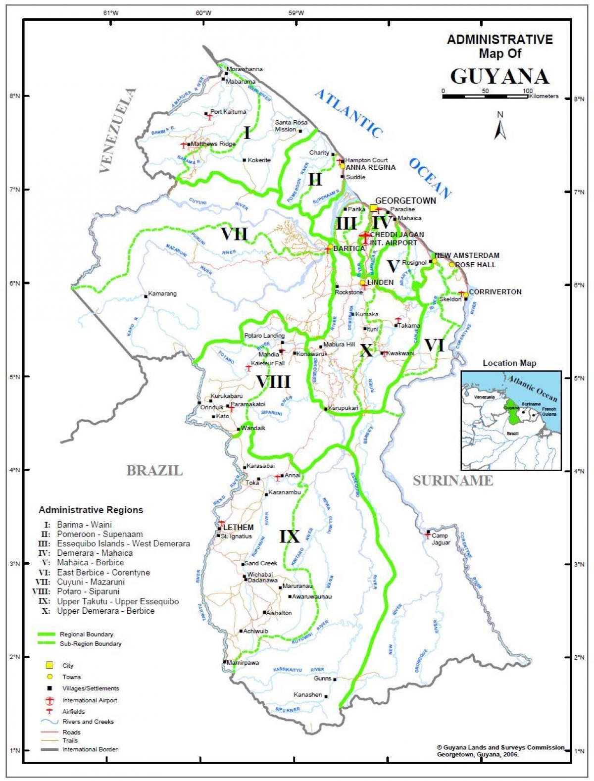 kart Guyana göstərən on inzibati bölgələrinin