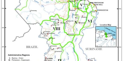 Kart Guyana göstərən on inzibati bölgələrinin